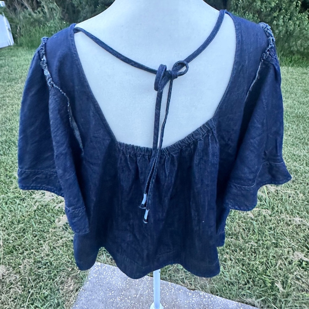 Pilcro Anthropologie Boho Prairie Peasant Ruffle Sleeve Denim Top Women L Blue